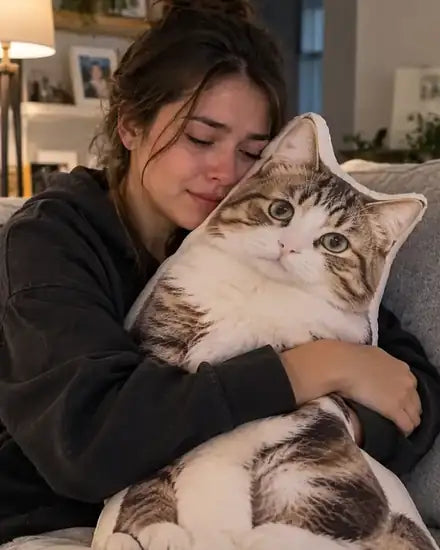 Woman hugging a tabby cat shaped pillow