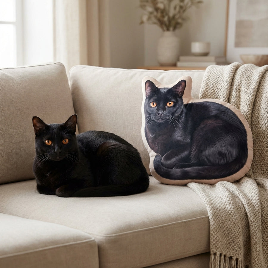 Pet next to its custom pet shaped pillow