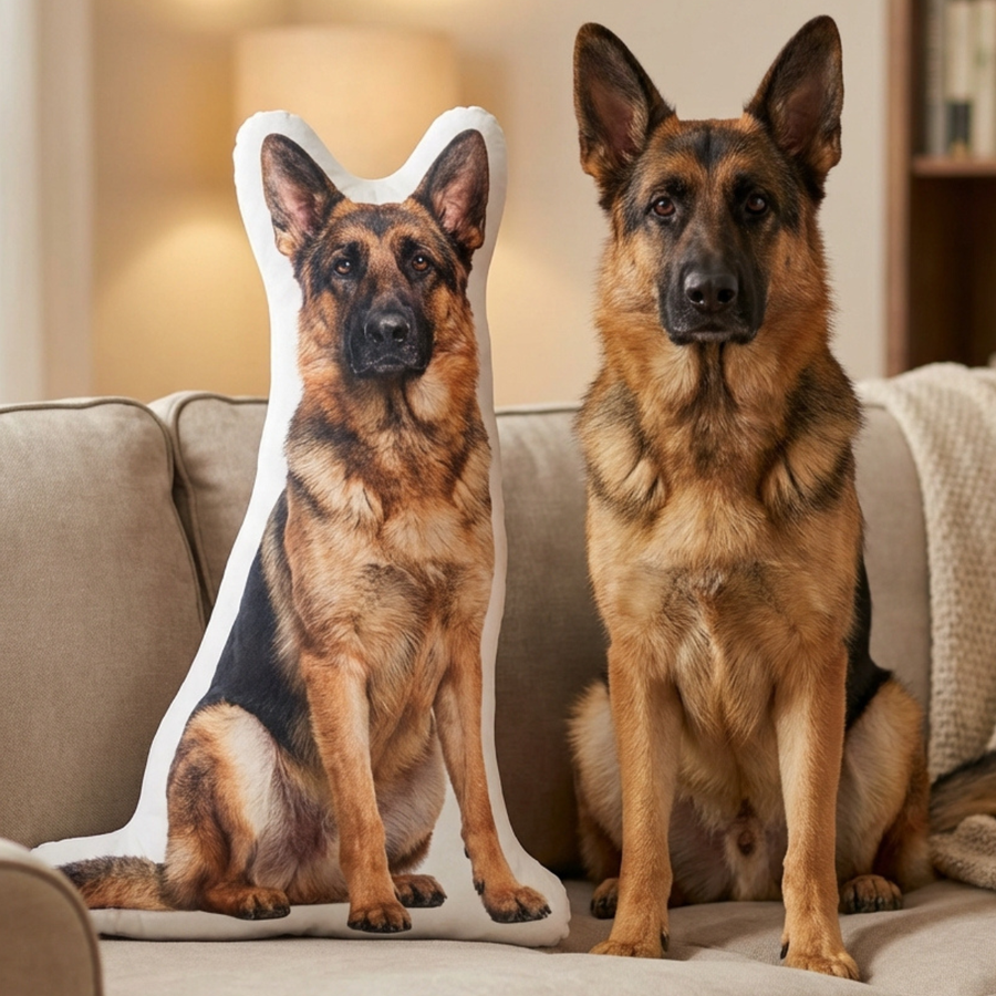 Pet next to its custom pet shaped pillow