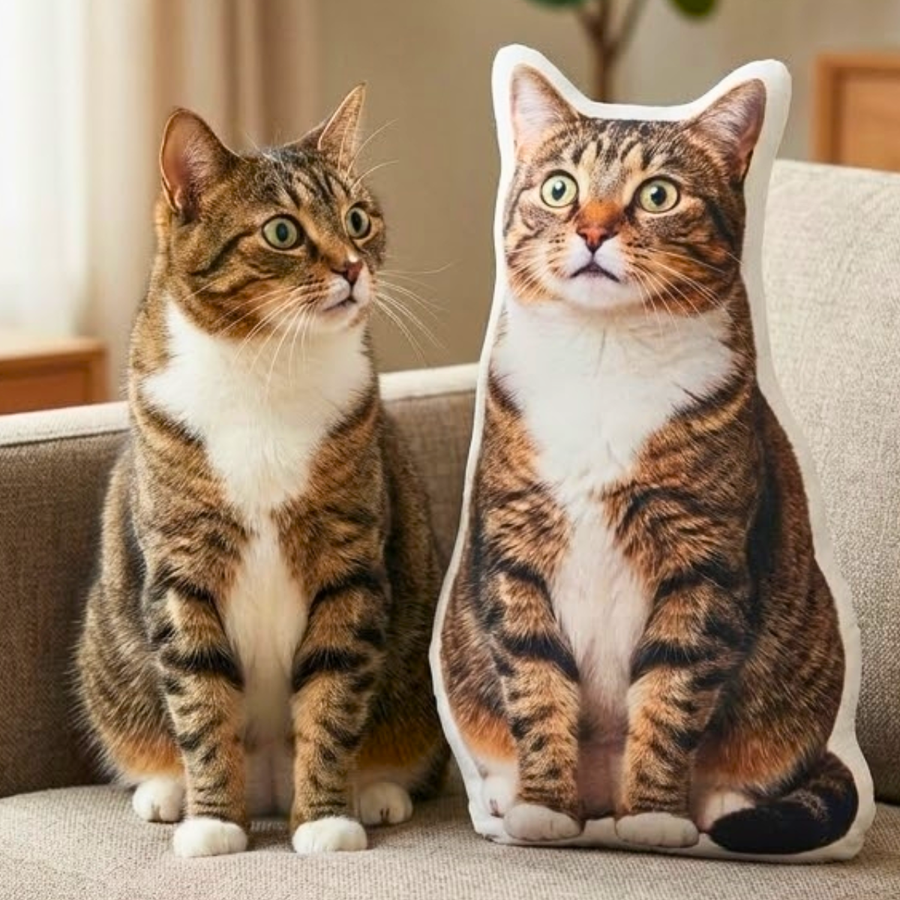 Pet next to its custom pet shaped pillow