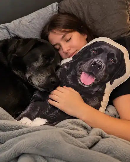 Woman sleeping next to her black lab and its pet shaped pillow